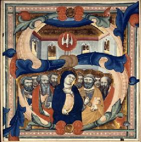 Historiated initial 'S' depicting the Descent of the Holy Spirit, mid 14th century (vellum) 1908