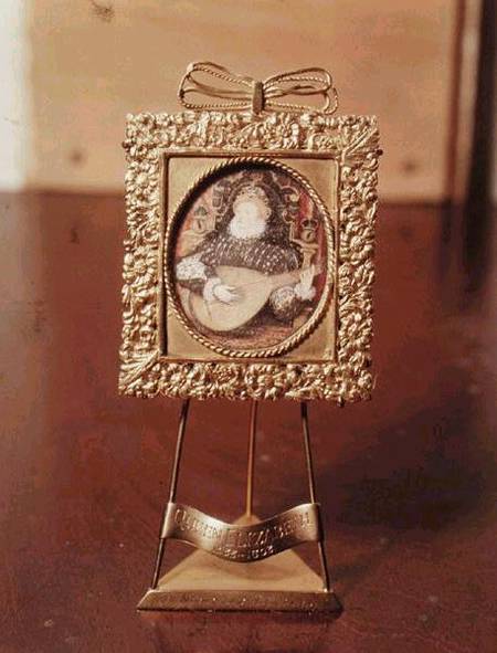 Queen Elizabeth I playing the lute (miniature including brass stand) von Nicholas Hilliard