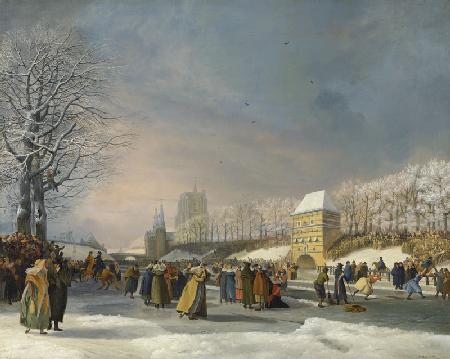 Wettbewerb im Schlittschuhlaufen für Frauen auf der Stadsgracht in Leeuwarden am 21. Januar 1809