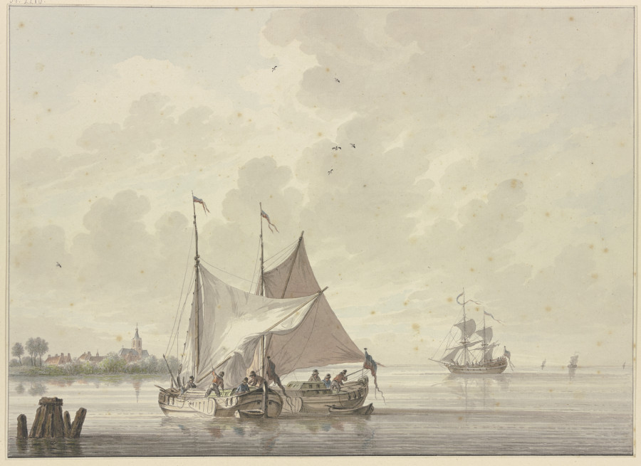 Zwei Schiffe liegen nebeneinander, auf dem einen wird das Segel aufgezogen, im Hintergrund vier ande von Nicolaas Wicart