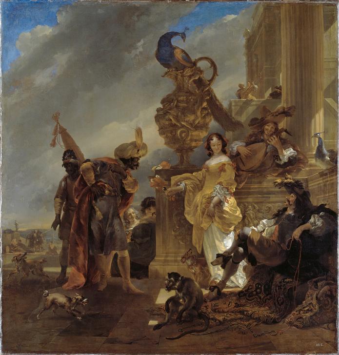 Ein Handelsherr, am Hafenpalast einen Schwarzen empfangend von Nicolaes Berchem