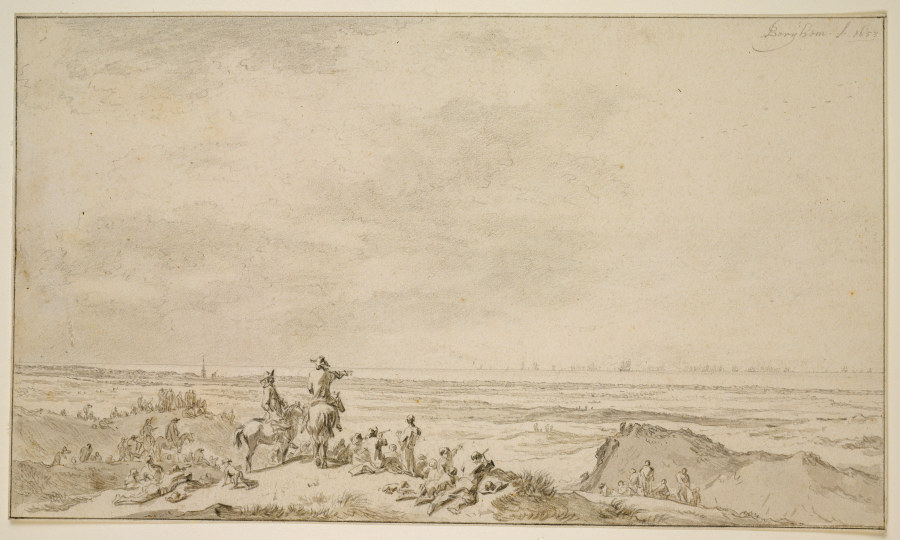Dünenlandschaft mit Seeschlacht in der Ferne von Nicolaes Berchem