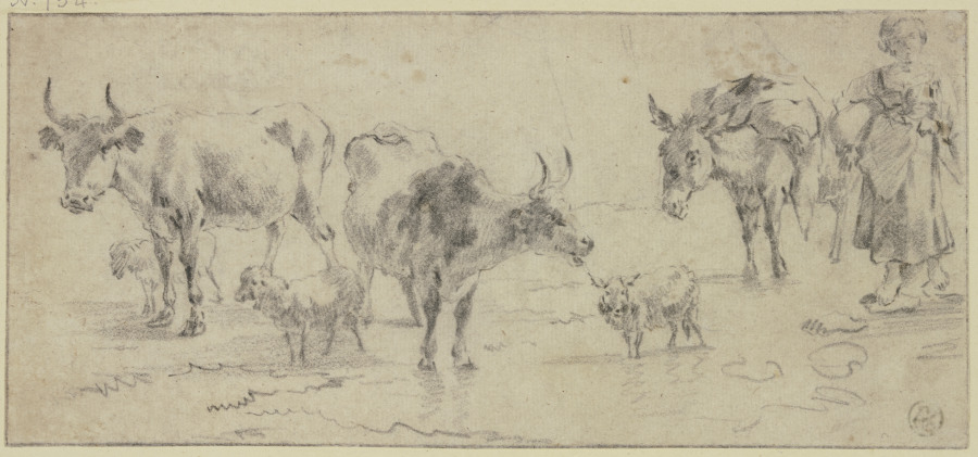 Hirtin bei einem Esel sowie drei Kühen und drei Schafen von Nicolaes Berchem