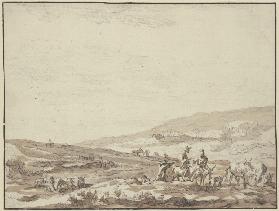 Hügelige Gegend, rechts Hirte und Hirtin auf Eseln reitend mit Vieh