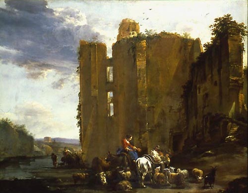 Italienische Ruinenlandschaft mit Viehherde von Nicolaes Berchem