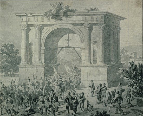 The entrance of French troops to A''Osta in May 1800 (pen, ink & wash on paper) von Nicolas Antoine Taunay