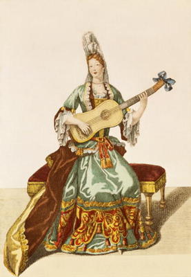 Lady of Quality Playing the Guitar, fashion plate, c.1695 (engraving) von Nicolas Bonnart