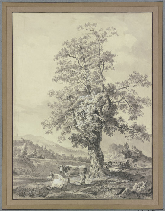 Alter Eichenbaum, unter dem sich zwei Rinder aufhalten von Nicolas Henri Joseph de Fassin