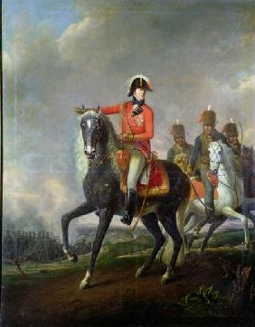 Equestrian portrait of the Duke of Wellington with British Hussars on a battlefield 1814