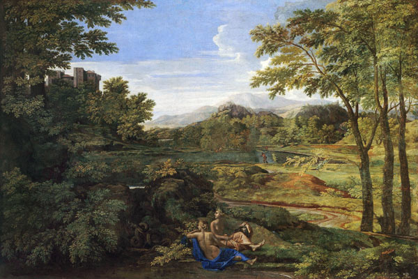 Landschaft mit zwei Nymphen und Schlange von Nicolas Poussin