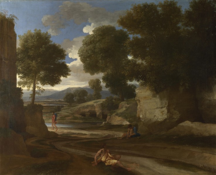 Landschaft mit rastenden Reisenden von Nicolas Poussin