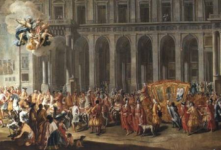 The Departure of Alois Thomas von Harrach Viceroy of Naples (1669-1742) from the Palazzo Reale di Ca von Nicolo Maria Russo or Rossi