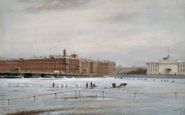 Ansicht des Winterpalastes über die vereiste Newa hinweg (St. Petersburg) von Nikolai Konstantinov. Bool