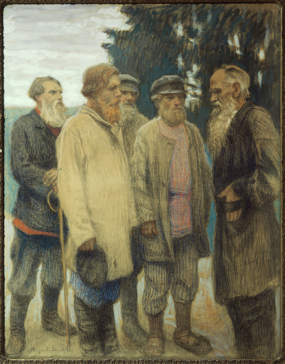 Der Schrifsteller Leo Tolstoj mit Bauern. von Nikolai P. Bogdanow-Bjelski