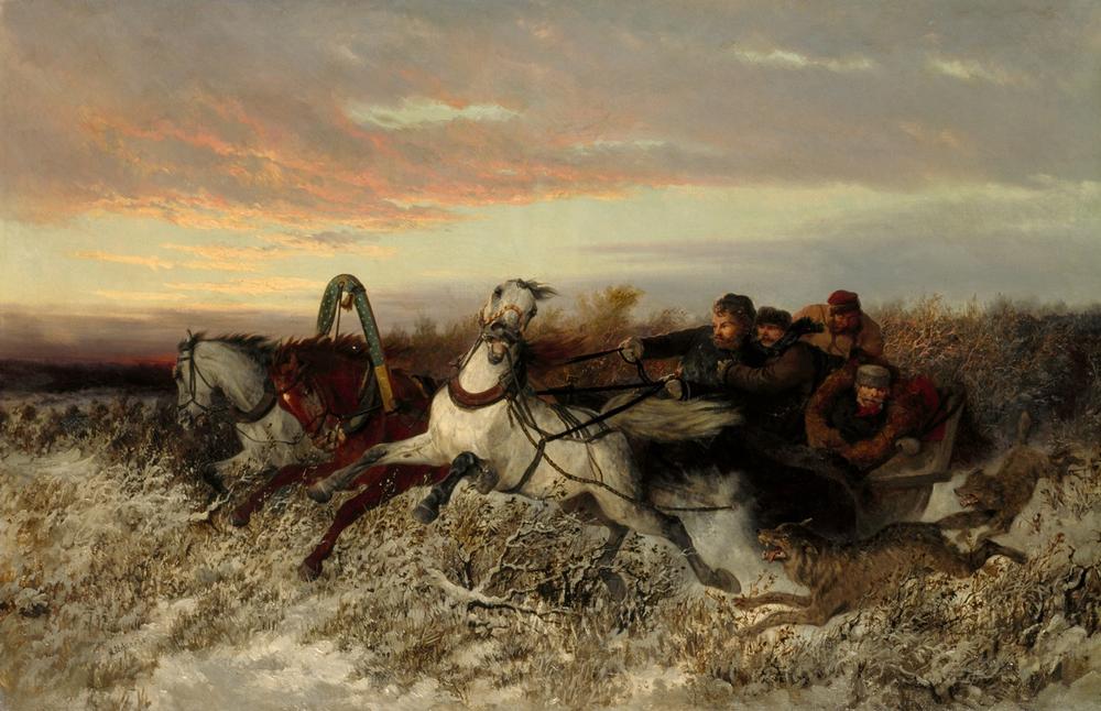Pferdeschlitten, von Wölfen verfolgt von Nikolai Jegorjewitsch Swertschkow
