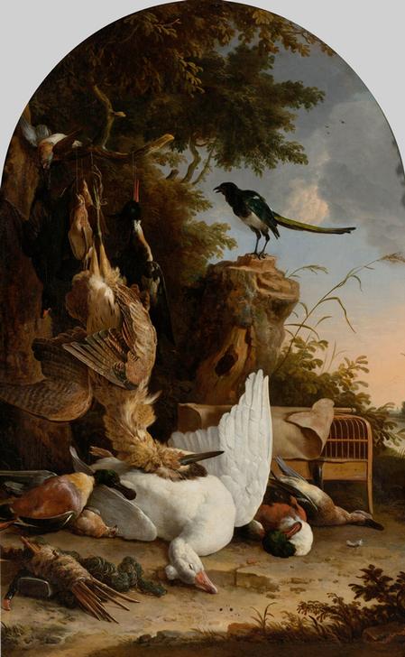 A Hunter’s Bag near a Tree Stump with a Magpie, Known as ‘The Contemplative Magpie’ von 