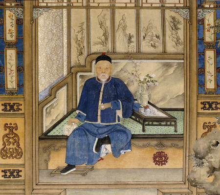 A Bearded Old Gentleman Wearing Blue Winter Clothes, Seated On A Day Bed Holding A Snuff Bottle And von 