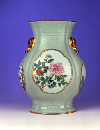 A Fine And Very Rare Famille Rose Celadon-Ground Vase With A Gilt Outlined Enamel Of Prunus And Rose von 