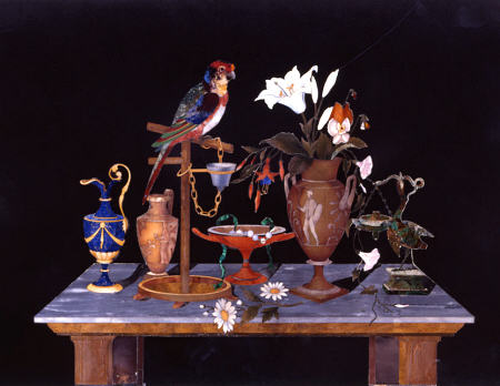 A Florentine Pietra Dura Plaque With A Parrot On Its Perch On A Table  With An Etruscan Krater Vase, von 