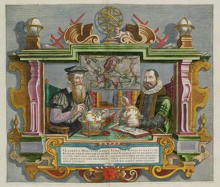 A Hand Coloured Engraving Of Cartographers Gerard Mercator (1512-1594) And Jodocus Hondius (1563-161 von 