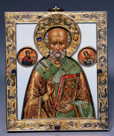 A Jewelled Silver-Gilt And Guilloch? Enamel Icon Of Saint Nicholas, Marked K von 
