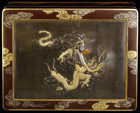 A Komai Rectangular Metal Box Depicting With Benten Standing On The Back Of A Dragon Holding A Koto von 