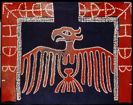 A Kwakiutl Button Blanket,  Bordered With Red At The Sides, Dark Blue Central Field And Depicting A von 
