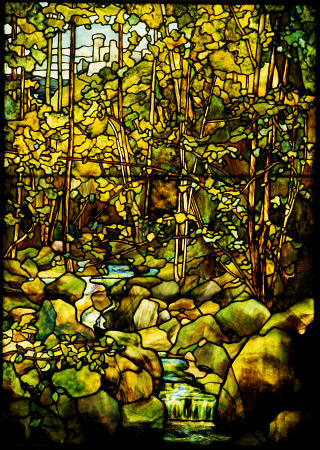 A Leaded Glass Window Of A Woodland Scene By Tiffany Studios von 