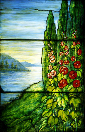 A Mountainous Lake Scene With Red Blossoming Hollyhocks And Arbor Vitae Painted And Leaded Glass Lan von 