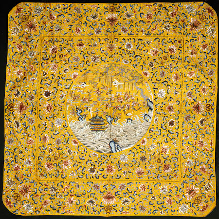 An Imperial Throne Cover Of Golden Yellow Silk Satin Densely Embroidered In Coloured Silks, von 