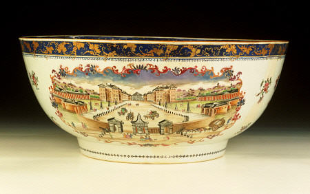 A Rare Famille Rose ''London'' Punchbowl With A View Of The Foundling Hospital, London von 