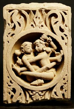 A Central Indian Pale Pink Sandstone Panel Depicting A Fighting Couple Each Armed With A Dagger