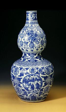 A Large Ming Blue And White Double Gourd ''Shou'' Vase, Depicting Young Boys Playing On A Terrace