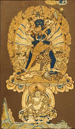 A Tibetan Embroidered Fragment Depicting Samvara Embracing His Consort