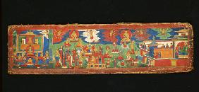 A Tibetan Painted Cotton Manuscript Cover Painted With Various Offering Scenes