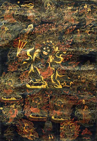 A Black Tibetan Thanka In Gold, Grey And Red Depicting Dharmapala von 