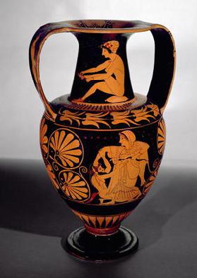 Attic red-figure amphora depicting a satyr struggling with a maenad, with a seated woman tying her s 15th