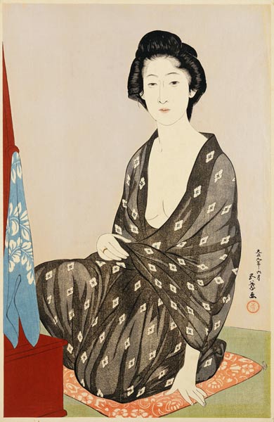 A Beauty In A Black Kimono With White Hanabishi Patterns Seated Before A Mirror von 