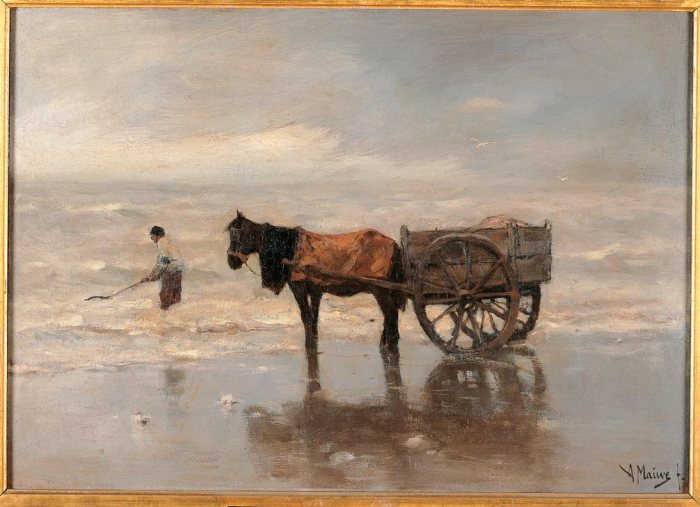 Cart on the beach sea sky clouds wind horse waves grey. von 
