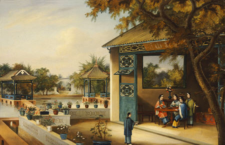 Chinese Ladies Playing Mahjong In The Pavilion Of A House von 