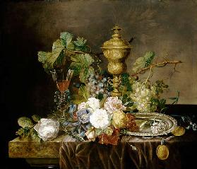A Still Life With Roses, Carnations, An Iris, Grapes, A Silver Plate, Two Medallions, A ''Facon De V
