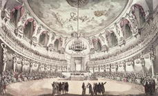 Concert Hall in Venice, 18th century (coloured engraving) 1836