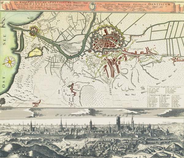 Danzig, Stadtplan u. -ansicht 1734 von 