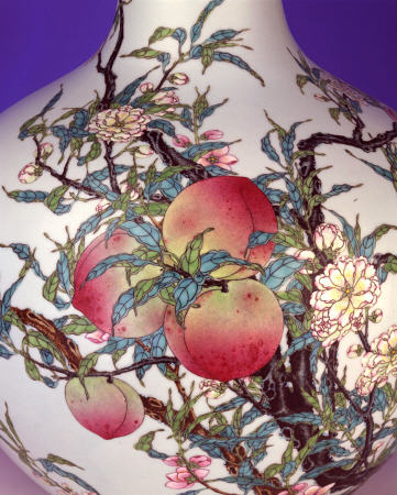 Detail From A Magnificent Famille Rose Nine-Peach Globular Bottle Vase von 