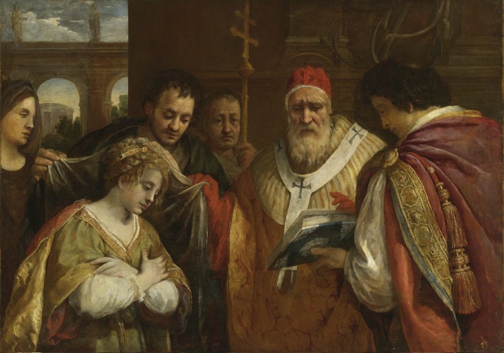 Die heilige Flavia Domitilla erhält den Schleier vom Papst Clemens I. von 