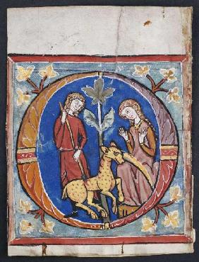 Der Fang eines Einhorns, Initiale 'O' aus einem Chorbuch 1290-1300