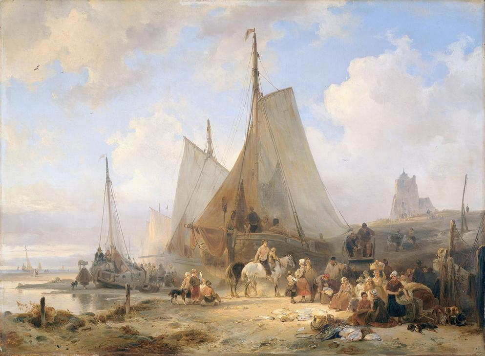 Fishing Boats on the Beach with Fishermen and Women Sorting the Catch von 