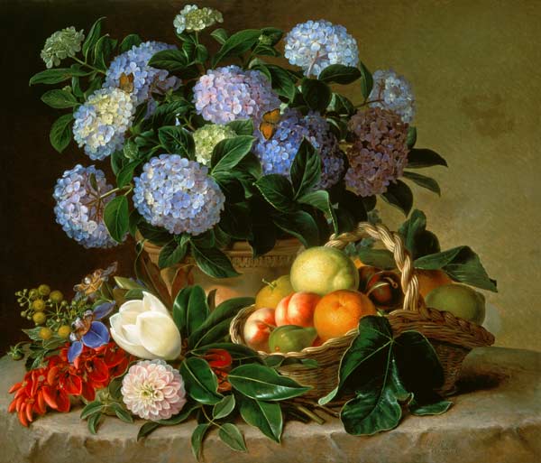 Hydrangea In An Urn And A Basket Of Fruit On A Ledge von 