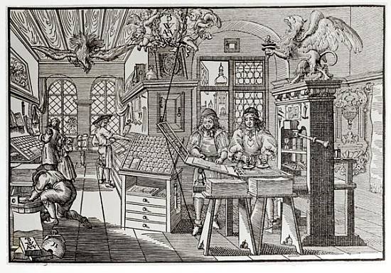 Interior of a printing works in Nuremberg, 17th century (b/w print) von 