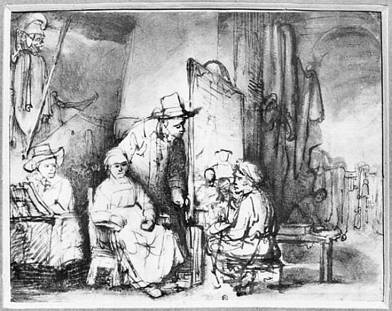 Interior of a studio with a painter painting the portrait of a couple (pen, ink, bistre & wash on pa von 